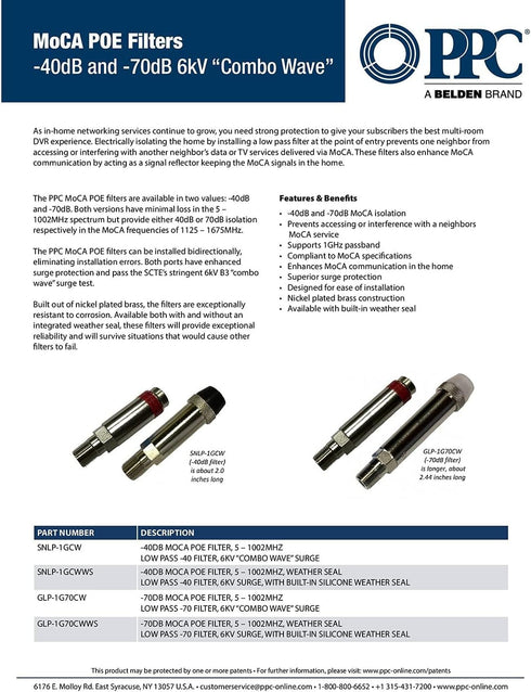 PPC SNLP-1GCW MoCA 'POE' Coax Filter Cable TV Eliminate Multi-Room DVR Interference & Modem...