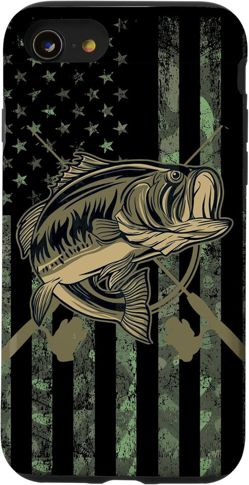 Camo American Flag Bass Fishing Gift Love Fishing Fisherman Case for iPhone SE (2020) / 7 / 8...