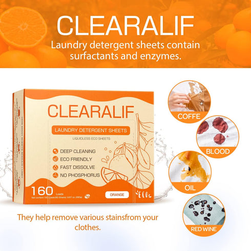 CLEARALIF Laundry Detergent Sheets Up to 160 Loads, Orange - Great For Travel, Apartments, Dorms,CLEARALIF Laundry Detergent Strips Eco Friendly &...