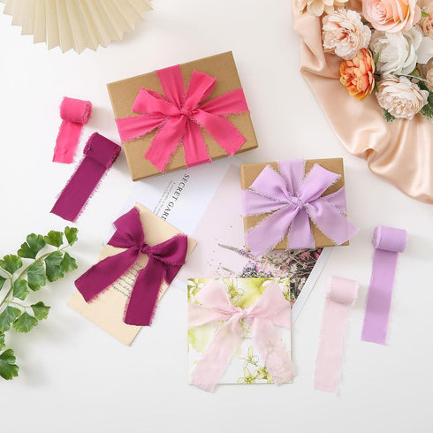 Pretty Jolly Pink Purple Chiffon Ribbon for Gift Wrapping 4 Rolls 1 1/2 Inch x 5Yd Silk Ribbons Handmade Fringe Fabric Ribbon for Flower Bouquet,W...