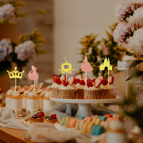 Pack of 40 Pre-Assembled Princess Cupcake Toppers Crown Castle Girl Cupcake Toppers Birthday Fruits Picks for Princess Theme Party Decoration...