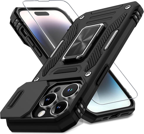 DEERLAMN for iPhone 14 Pro Case with Slide Camera Cover+Screen Protector(1 Pack),Rotated Ring Kickstand Military Grade Shockproof Protective Cover...