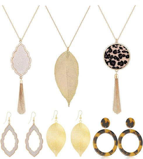 Leopard Print Long Pendant Necklace Dangle Drop Earrings Set for Women Leaf Tassel Necklace Tortoise Shell Acrylic Resin Earrings 6 PCS...