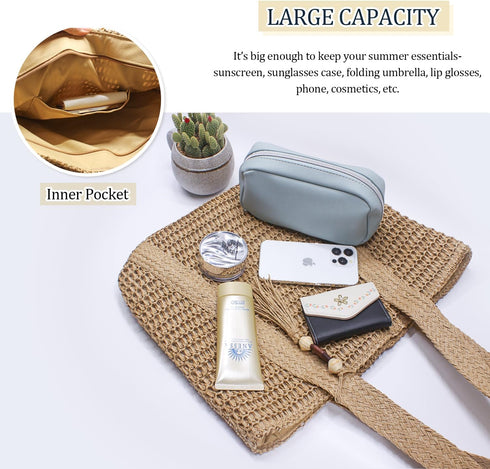 Straw Beach Bag for Women Woven Structured Tote Bag Summer Shoulder Handbags...