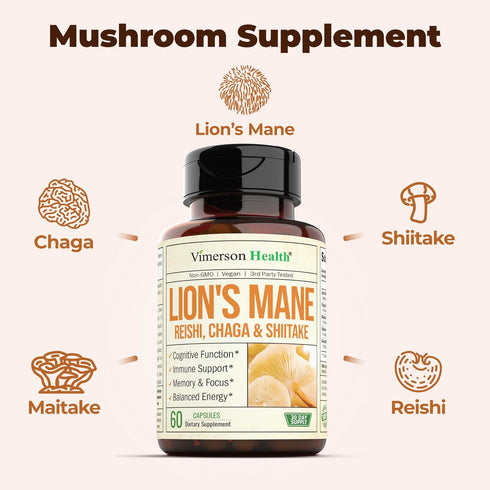 Lions Mane Supplement Capsules - Mushroom Supplement with Shiitake Mushrooms, Reishi Mushroom, Maitake Mushroom & Chaga. 60 High Potency Lion’s Ma...