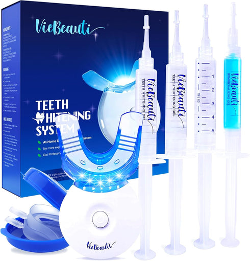 VieBeauti Teeth Whitening Kit - 5X LED Light Tooth Whitener with 35% Carbamide Peroxide, Mouth Trays, Remineralizing Gel and Tray Case - Built-in ...