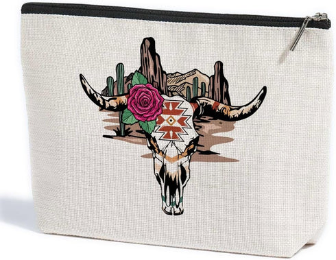 Western Makeup Bag Cow Skull Cosmetic Bag Western Gifts for Women Western Stuff Cowgirl Gifts Retro Zipper Pouch for Mothers Day Graduation Birthd...