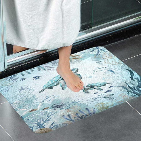 Sea Turtle Bath Rugs for Bathroom, Teal Blue Ocean Beach Coastal Funny Animal Nautical Starfish Fish Non Slip Flannel Bathroom Rug, Dry Fast Water...