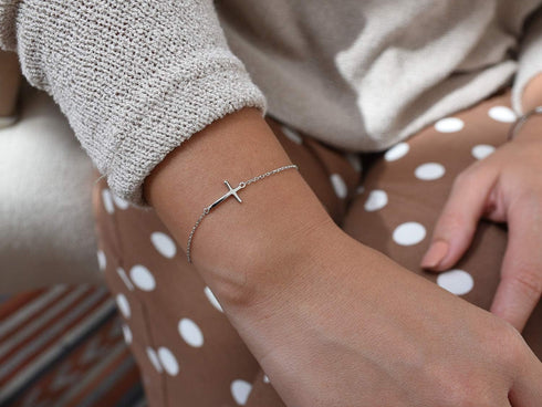 Dainty Sideways Cross Bracelet in Sterling Silver - Celebrity Style Horizontal Cross Bracelet...