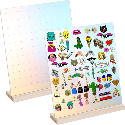 JUXYES Pack of 2 Acrylic Enamel Pin Display Stand with Wooden Base, Tabletop Pin Organizer Display Storage Stand, Enamel Pin Display Holder for Aw...