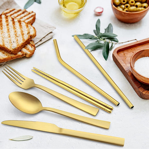 Matte Gold Travel Utensils with Case, E-far 8-Piece Reusable Travel Silverware Set, Metal Portable Camping Cutlery Flatware Set Includes Knife, Fo...