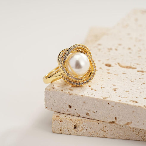 Sylph 18K Gold Plated Pearl Adjustable Ring with Zirconia – Elegant Jewelry for Women – Adjustable Luxury Wedding Statement Ring Open Ring Flexibl...