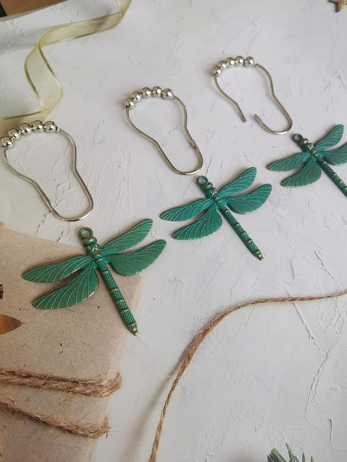 Antique Green Dragonfly Shower Curtain Hooks - Decorative Shower Hooks for Shower Curtain Rust Proof Shower Curtain Rings, Natural Forest Garden F...