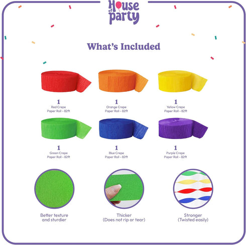 HOUSE OF PARTY OG Rainbow Crepe Paper Streamers 6 Crepe Paper Rolls 492ft (1.8 Inch x 82 Ft/Roll) - Pack of Red, Orange, Yellow, Green, Blue, Purp...
