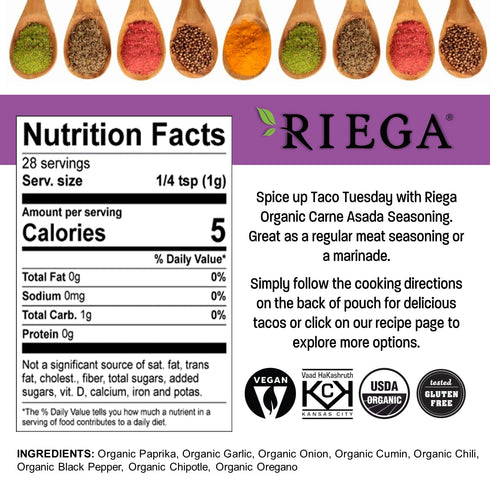 Riega Organic Carne Asada Street Taco Seasoning, Mix Makes the Perfect Carne Asada Marinade to Spice Up Taco Tuesday 1 Ounce (Pack of 8)...