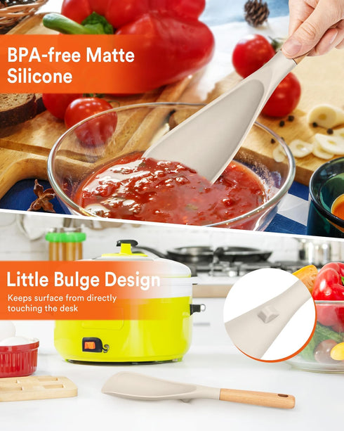 Cooking Spoon for Nonstick Cookwares, Great for Cooking and Serving Durable BPA-Free Matte Silicone, Wood Handle Spoon for Mixing, Scoop, and Scra...