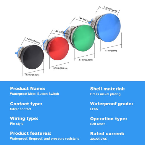 16mm Self Reset Push Button Switch Metal Mushroom Head Round Start Button AC/DC 12V-250V? Domed Screw Terminal? Suitable for 0.63 '' mounting Hole...