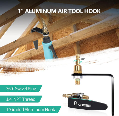 Aluminum Pneumatic Tool Rafter Hook Hanger, Lightweight Metal Organaizer Hooks with 1/4" Air Tool Swivel Fitting,for Air Nailer,Air Blow Gun,Air H...