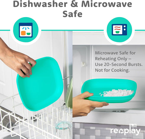 Re-Play Toddler Plates - 22 Oz. Deep-Walled Flat Kids Plates - Dishwasher & Microwave Safe - Made in USA - Set of 3-7.37" x 7.37" x 1.25" - Aqua A...