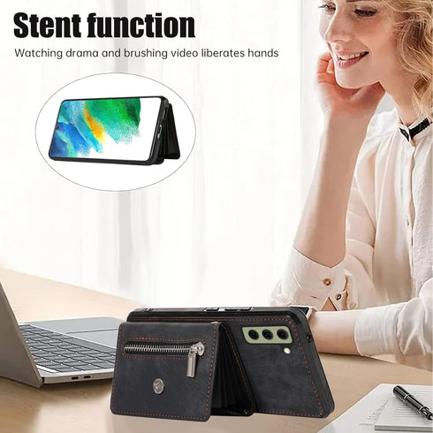 Phone Case for Samsung Galaxy S21 FE 5G Wallet Cover with Tempered Glass Screen Protector Wrist Crossbody Strap Lanyard Credit Card Holder Stand L...