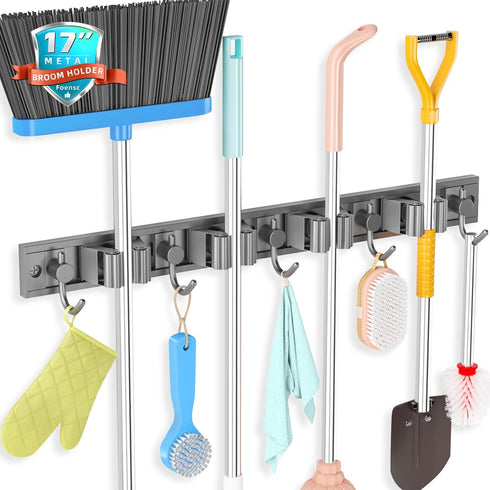 Broom Holder Wall Mount, Improved Adjustable Broom Holder, Super Anti-Slip Mop and Broom Holder Wall Mount, Heavy Duty Tool Organizer for Laundry ...