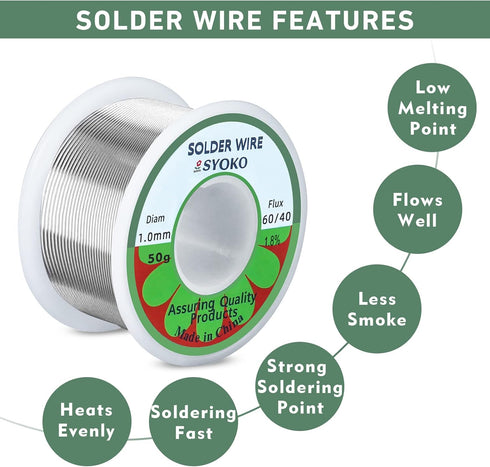 SYOKO 60/40 1.0mm 50g Tin Lead Rosin Core Solder Wire for Electrical Soldering, Soldering Wire, Electrical Solder, 1.8% Solder Flux (1.0mm 50g)...