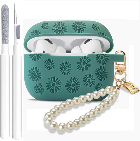 Flower Engraved Case for Airpods Pro 2nd/1st Generation Case with Cleaner Kit, Silicone Airpod Pro Protective Cover with Luxury Pearl Keychain for...