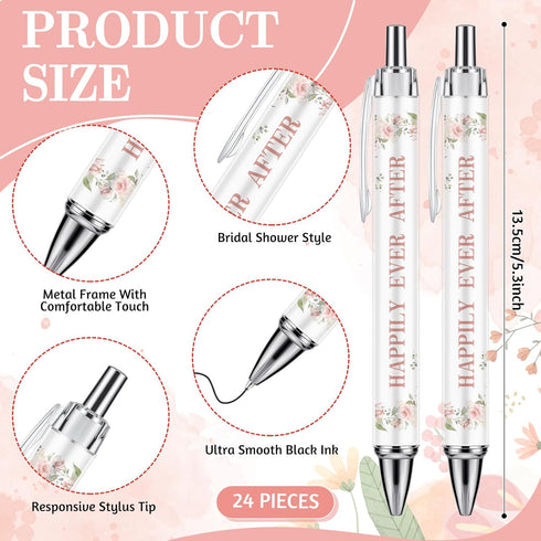 Whaline 24Pcs Bridal Shower Ballpoint Pens Retractable Wedding Floral Picture Pens Plastic Black Ink Pens for Guest Wedding Games Proposal Bachelo...