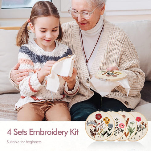 Embroidery Kit for Adults, 4 Sets Cross Stitch Kits for Beginners with Stamped Flower Pattern, Starter Kits for Hand Craft Lover with Bamboo Hoop,...