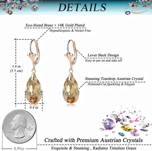 Austrian Crystal Teardrop Leverback Dangle Earrings for Women Fashion 14K Gold Plated Hypoallergenic Jewelry...