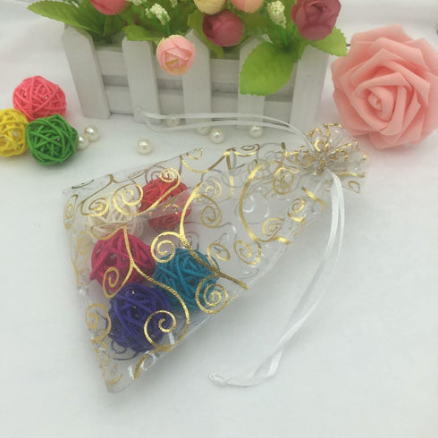 100pcs Sheer Organza Favor Bags For Wedding Baby Shower Rattan Print Gift Bags Samples Display Drawstring Pouches (3x4 inch, white)...