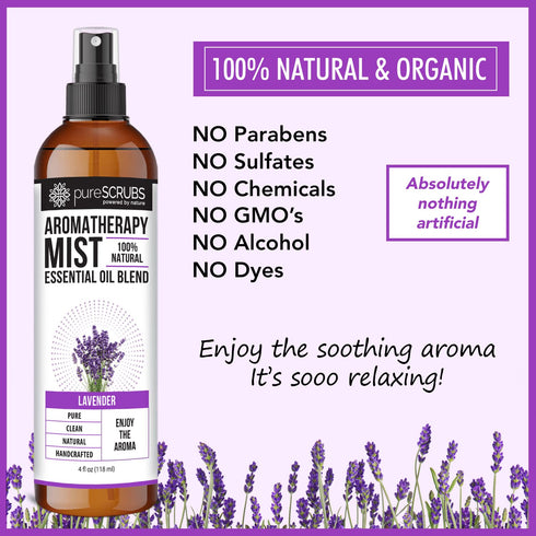 SHAKE, MIST & ENJOY - pureSCRUBS Premium Lavender Aromatherapy Spray Mist for Room, Body, Linens, Pillows 100% Natural Essential Oils Plant Based ...