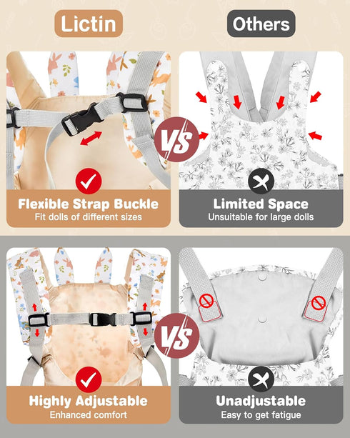 Lictin Baby Doll Carrier, Front and Back Doll Accessories Carrier for Little Girls, with Adjustable Straps for Stuffed Animal Reborn Baby Doll...