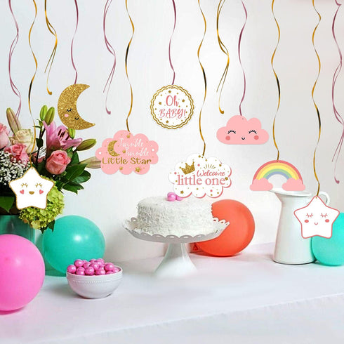 LINGTEER Twinkle Twinkle Little Star Swirls Streamers - Cheers to Baby Shower Birthday Party Hanging Decorations - Girl....