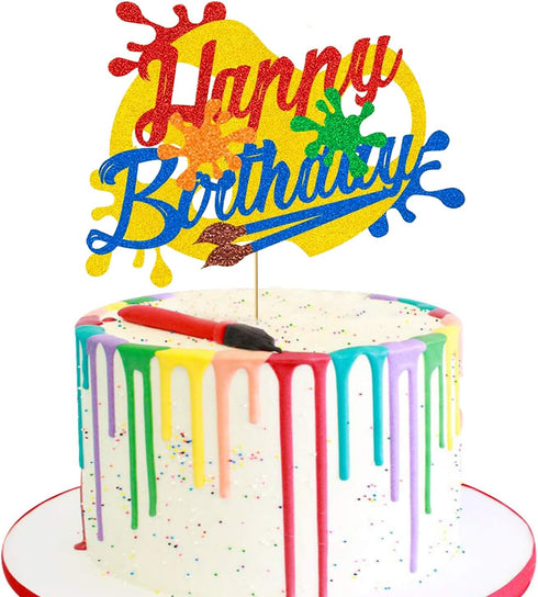 Painting Cake Topper Glitter Art Brush Palette Themed Happy Birthday Cake Decoration for Girl Boy Kids Art Birthday Party Decorations (Double Side...