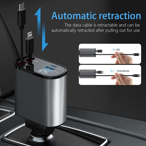 Retractable Car Charger, 66W 4 in 1 Super Fast Charging Car Phone Charger with 2 Retractable 31.5 Inch Cables and 2 USB Ports for iPhone 15/14/13/...