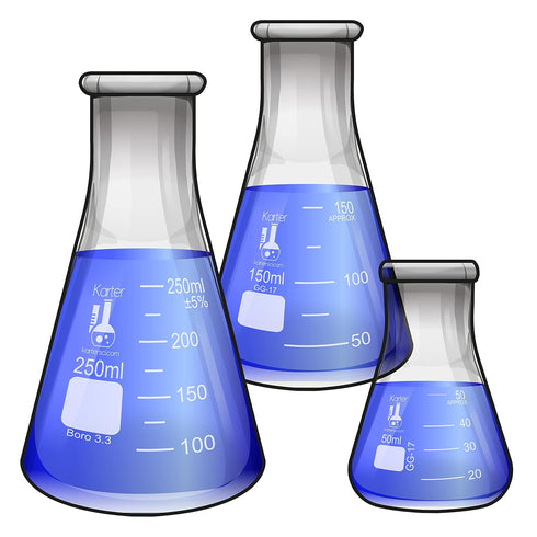 Glass Erlenmeyer Flask Set - 3 Sizes - 50, 150 and 250ml, Karter Scientific...