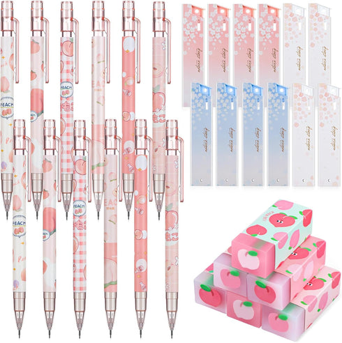 30 Pcs Kawaii Peach Mechanical Pencil Set Include 12 Mechanical Pencils 6 Cute Peach Erasers 12 Tube HB Pencil Refills First Day of School Back to...