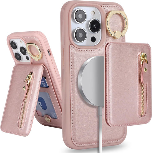 iPhone 15 pro max case with Card Holder, iPhone 15 pro max Phone Case Wallet for Women magsafe Compatible Wallet Detachable 2-in-1 for Men-Pink......