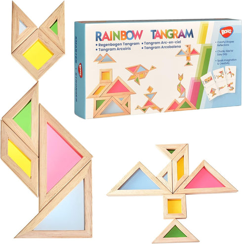 BOHS Translucent Tangram with Multilingual Activity Cards - 1 Inch Thickness - Preschool Gift - Kids kindergarten Light Table Accessories/Window P...