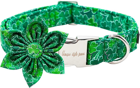 Unique style paws St. Patrick's Day Dog Collar with Flower Green Clover Pet Collar for Small Medium Large Boys Girls Dogs-L...