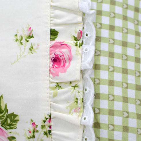 FADFAY Farmhouse Style Pillowcases Pink Rosetta Printed Gold with Green Plaid Elegant Country Style 100% Cotton Vintage Lace Ruffles Bedding Pillo...