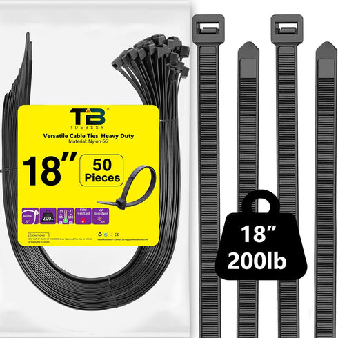 Black Cable Zip Ties Heavy Duty 18 Inch, 50Pcs Plastic Wire Ties with 200lb Strength, Large Zip Ties Heavy Duty Big Cable Ties Extra Long Tie Wrap...