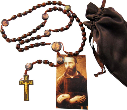 St Pio Devotional Wooden Bead Cord Rosary Gift Set with Saint Prayer Card and Bag...