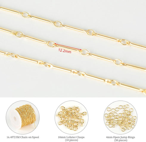 KYUNHOO 16.4 Feet Brass Chains for Jewelry Making 18k Gold Filled Jewelry Chain Roll 12MM Stick Link Chain Necklace for Women DIY Craft Jewelry Ma...