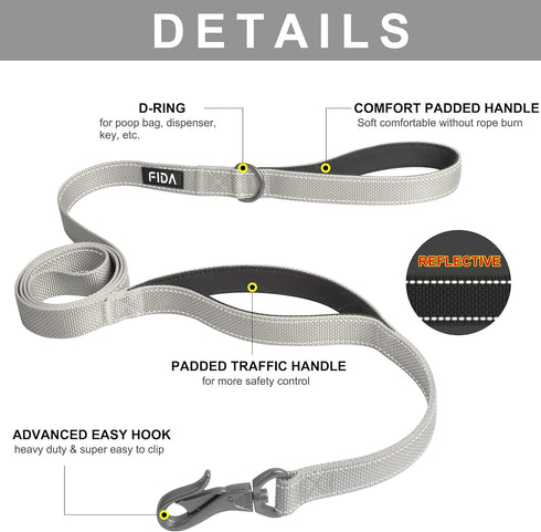 Fida 5 FT Heavy Duty Dog Leash with 2 Comfortable Padded Handles, Traffic Handle & Advanced Easy Snap Hook, Reflective Walking Lead for Large, Med...
