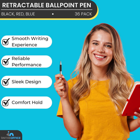 1InTheOffice Retractable Ballpoint Pen, Medium Point, 1.0mm, 12 Black, 12 Blue & 12 Red Pens, 36 Pack...