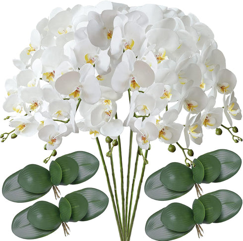 FagusHome 32" Artificial Phalaenopsis Flowers 6 Pcs with 4 Bundles Leaves Artificial Orchid Flowers Stem Plants for Home Décor (6Pcs)...