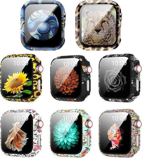 8 Pack Case Compatible for Apple Watch SE Series 6 5 4 3 2 44mm 40mm 42/38mm Hard PC Flowers Case with Tempered Glass Smartwatch Screen Protectors...