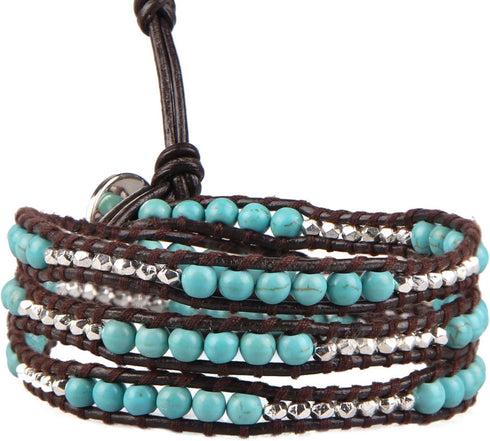 KELITCH Turquoise Bracelets Mother of Pearl Silver Mix Beaded 3 Wrap Bracelet Handmade New Cuff Jewelry...